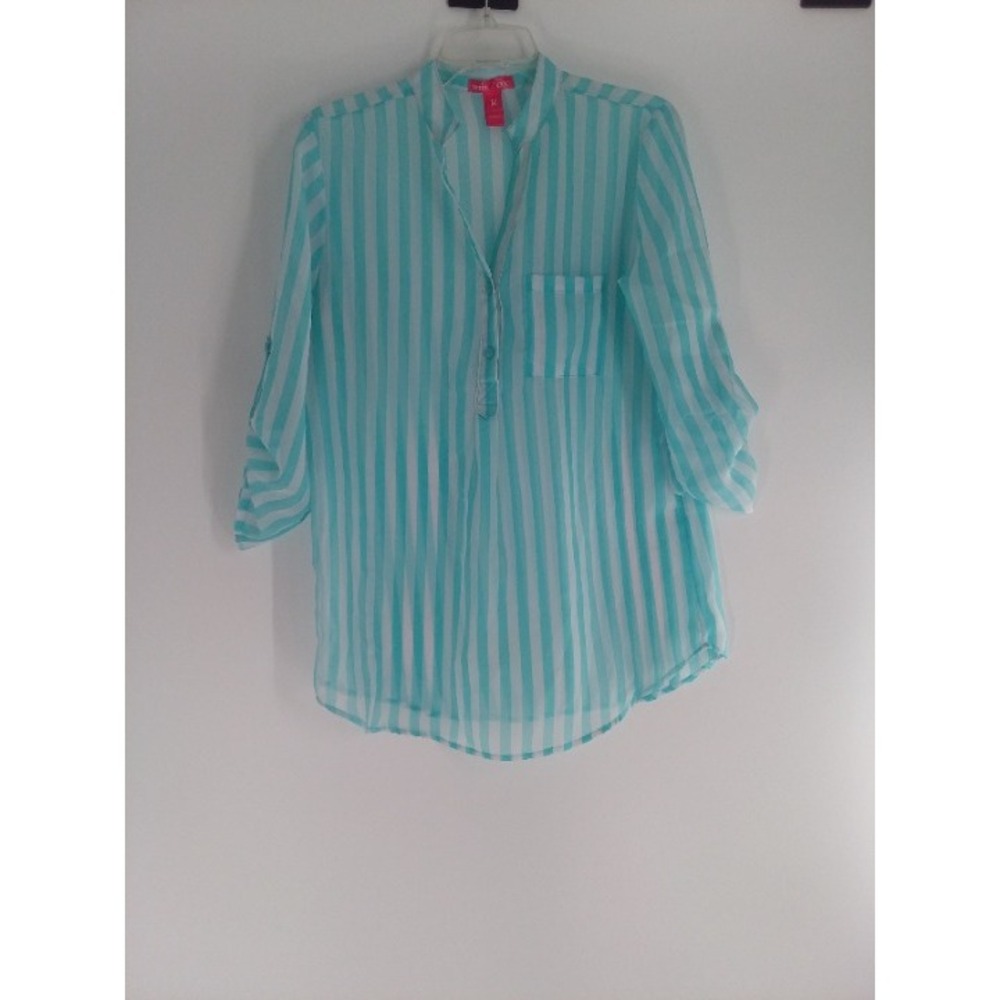 Mix & Company Striped White & Turquoise Sheer Loose Fitting Top Size Medium